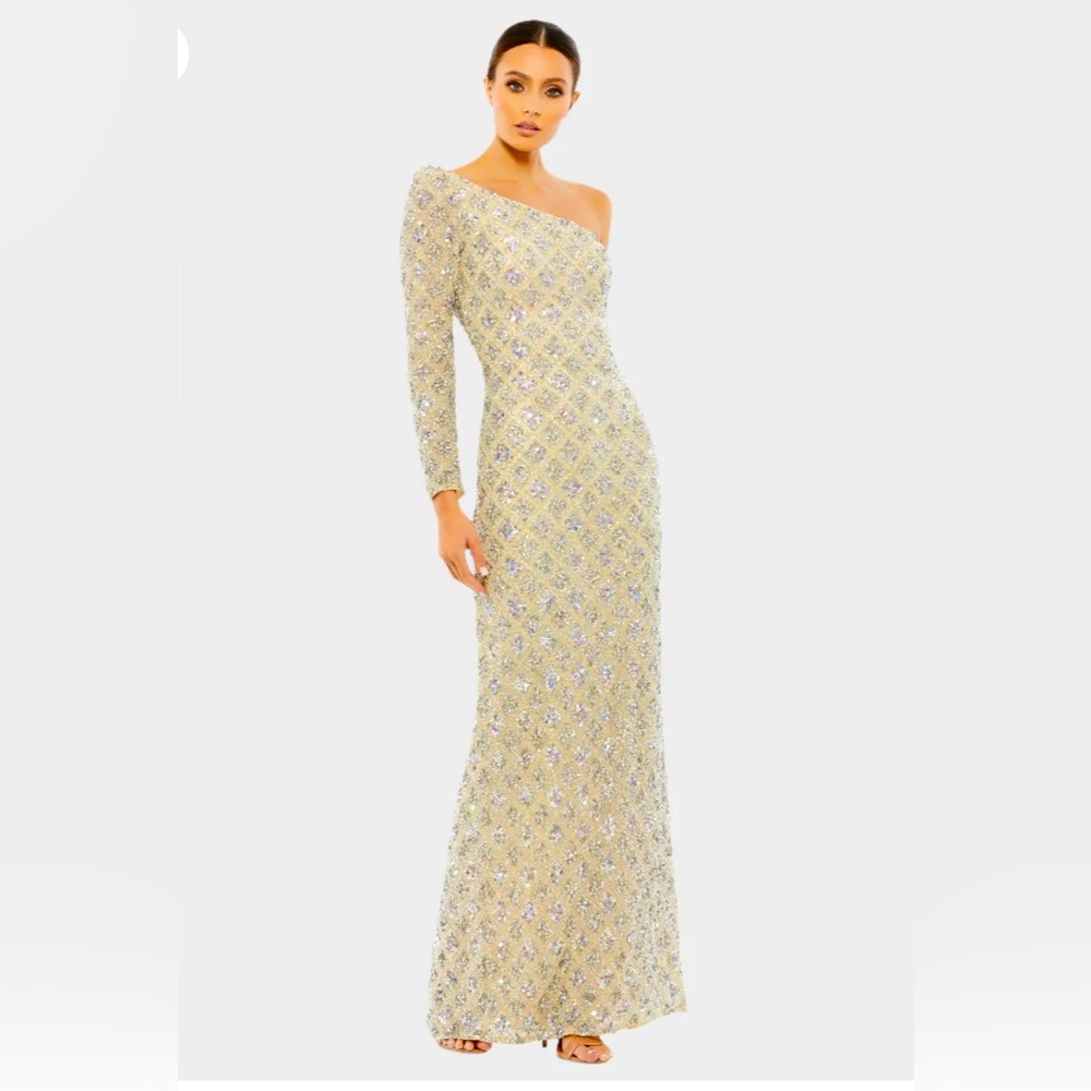 Mac Duggal Shimmering Gold Embellished One Shoulder Asymmetrical Gown Size 6 NWT